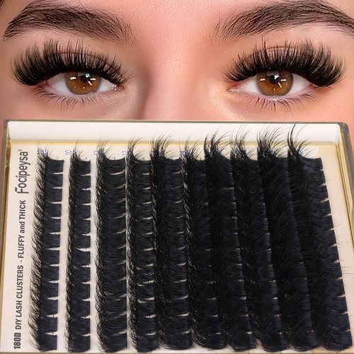 Eyelash Extension Kit Thick Lash Clusters Kit 10-18mm Fluffy Clusters Lashes 180D Individual Eyelashes Kit with Lash Bond, Lash Remover, Lash Applicator DIY Lash Extension by Focipeysa (180D-D Curl)