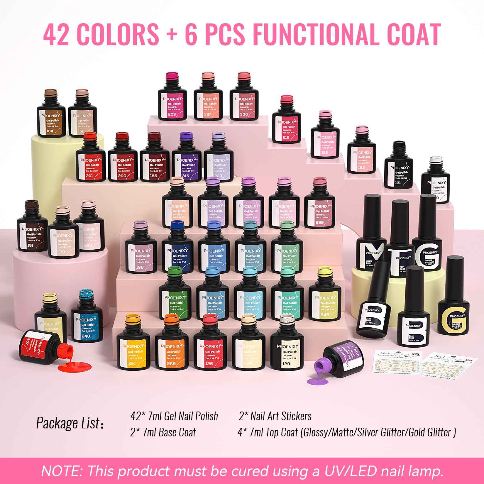 phoenixy 50 Pcs Gel Nail Polish Set, 42 Colors Gel Polish with Base Coat & 4 Effects Top Coat All Seasons Colors Gel Polish Kit Nail Starter Set Gifts for Women Girls