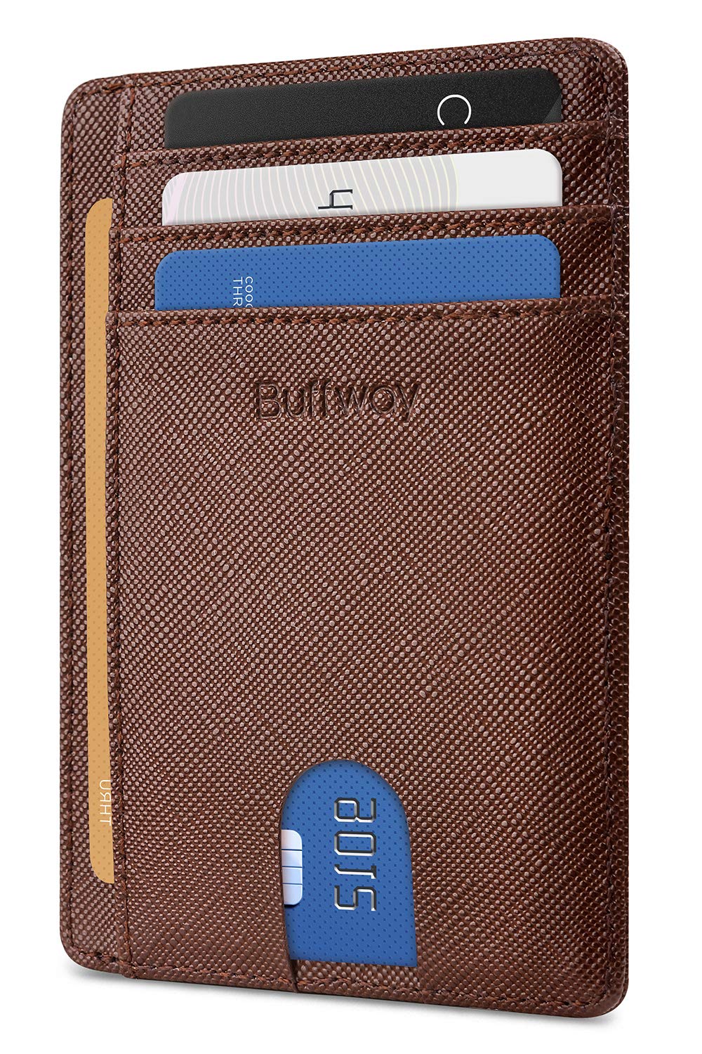 Buffway Slim Minimalist Front Pocket RFID Blocking Leather Wallets for Men and Women - Cross Coffee