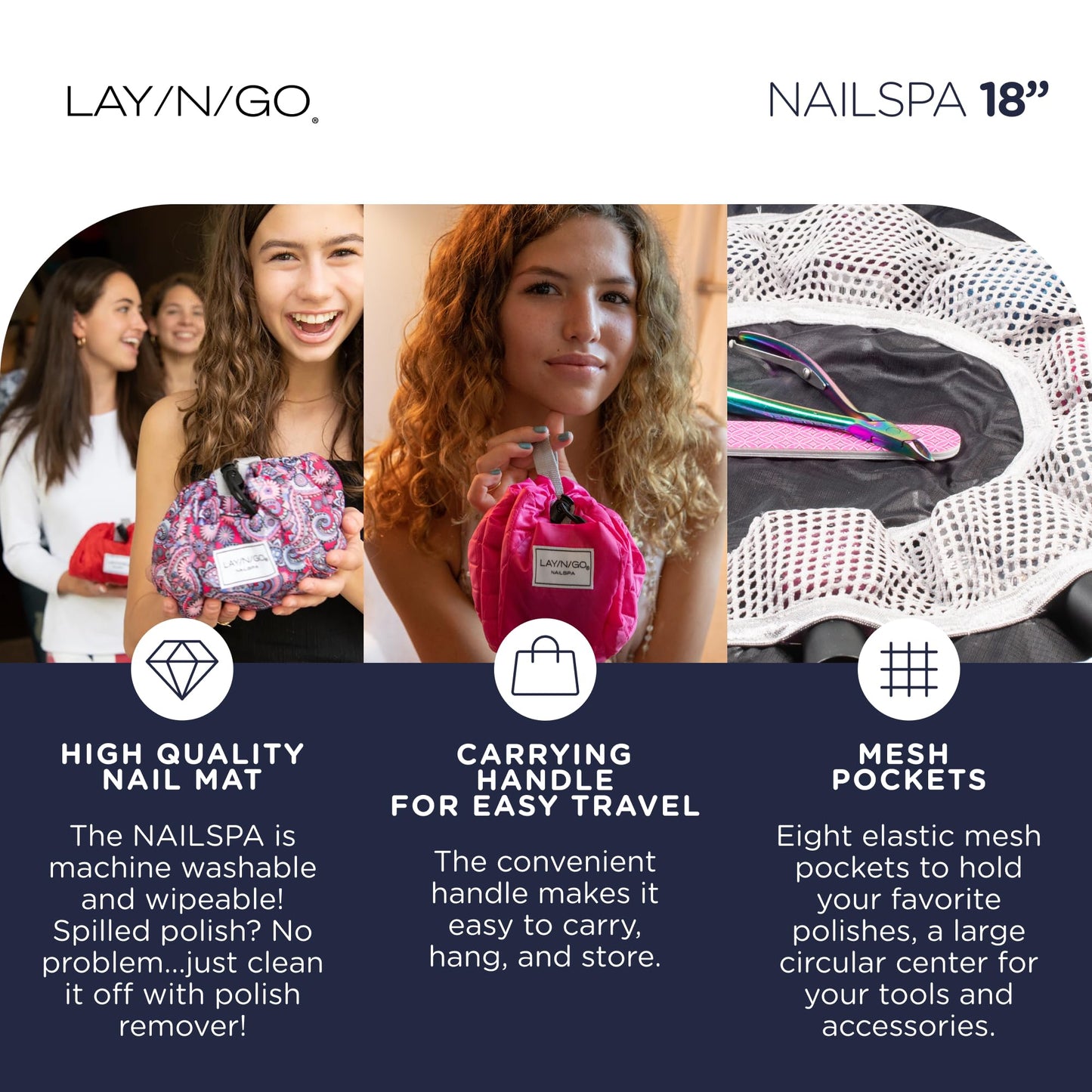 Lay-n-Go Nail Spa Drawstring Cosmetic Pouch Acrylic Nail Polish Holder, Organizer & Toiletry Bag for Travel, and Daily Use with a Durable Patented Design, 18 inch, Violet Fem (Purple)