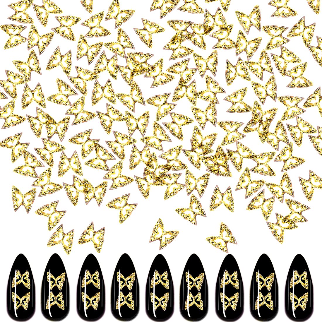 XEAOHESY 100pcs 3D Gold Butterfly Nail Charms Nail Butterfly Charms Nail 3D Charms Butterfly Charms for Nails Butterfly Nail Stickers Butterfly Nails Jewels for Acrylic Nails