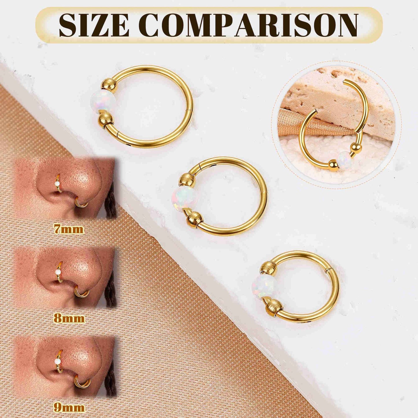 Masedy 4PCS 18G Surgical Steel Nose Ring Hoop for Women Men Hinged Double Nose Hoop CZ Opal Clicker Septum Nose Hoops Cartilage Conch Tragus Rook Ring Lip Daith Piercing Jewelry Gold Silver 7-9MM (Gold, 18G-8mm (Top Pick))