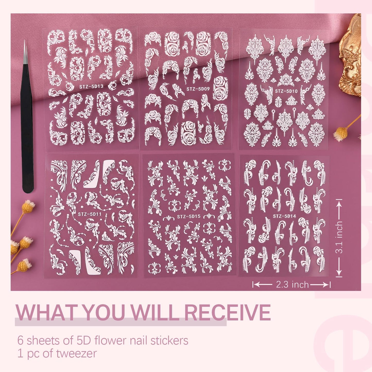 6 Sheets 5D French Lace Nail Art Stickers, Embossed Nail Decals with Tweezer, 3D Self Adhesive Classic White Lace Retro Flower Rose Vine Acrylic Nail Accessories for Wedding French Tips Design Set-1