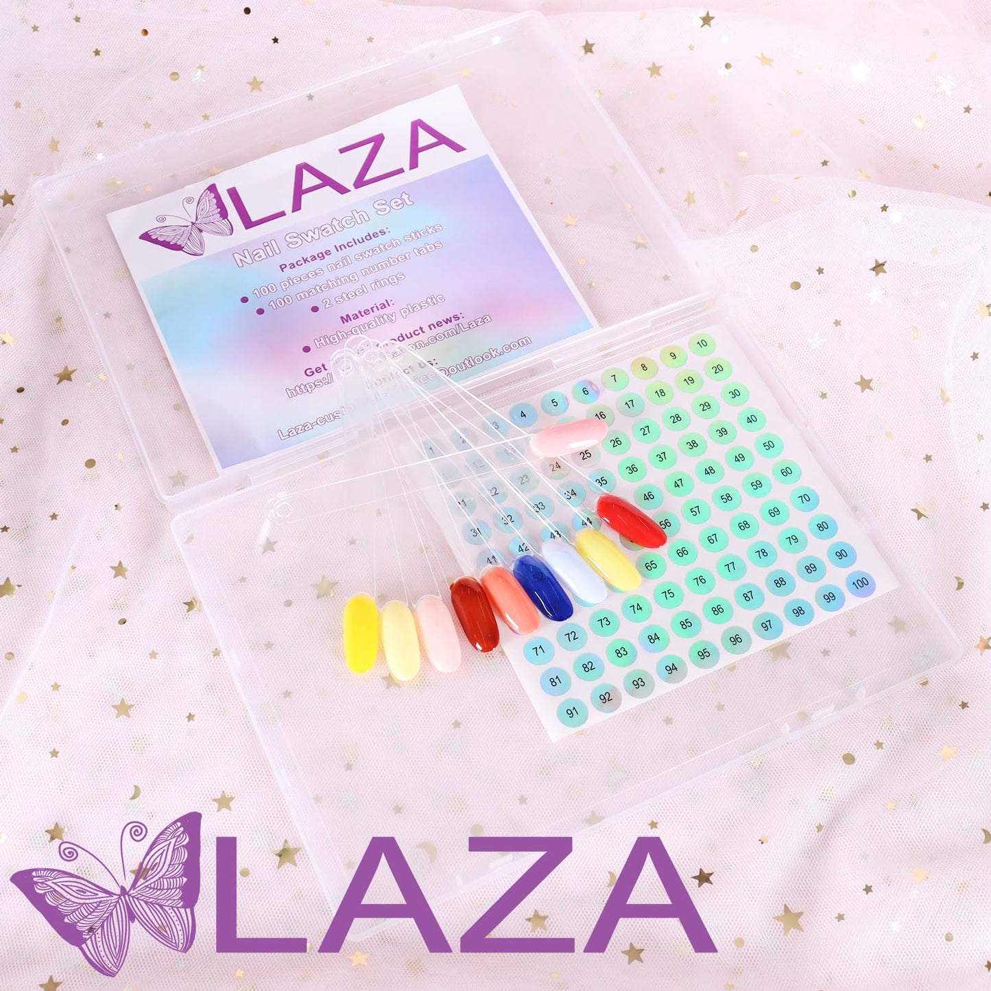 Laza 100 Pcs Clear Nail Swatch Sticks Box-packed with Ring and Numbered Stickers Nail Art Polish Color Display Practice Tips Sample Sticks Tester Nail Supplies for Nail Techs - 100 Tips Square