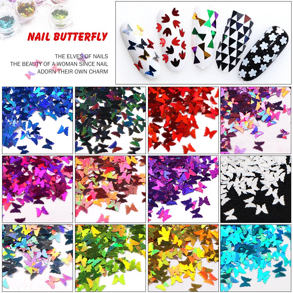 Minejin Nail Art Glitter Sequins Butterfly Shinning Acrylic 3D Flakies Stickers Tips Decoration 12 Color