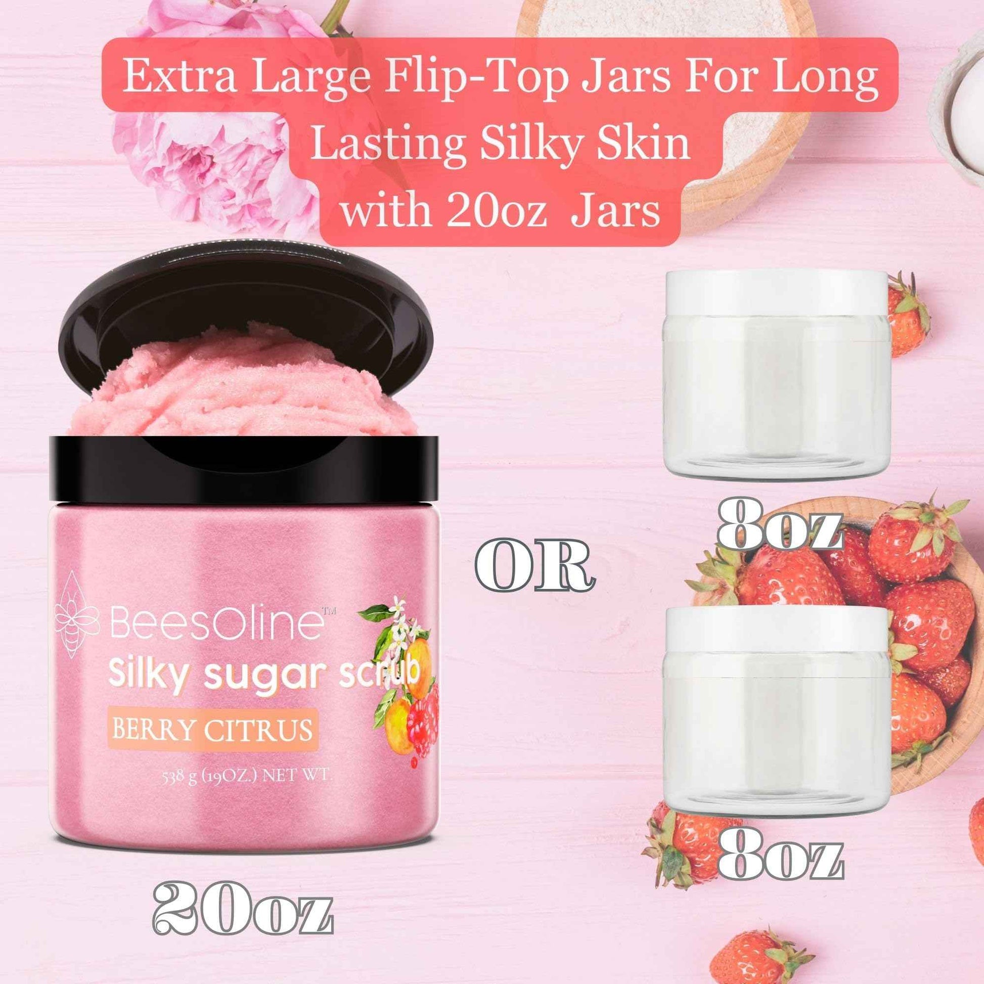 Sugar Scrub by BeesOline - Premium Fine Cane Sugar | Berry Citrus Scented - Extra Large 20oz, Convienent Flip-Top Lid, Organic Sunflower Oil & COCONUT OIL for Smooth Gentle Exfoliation