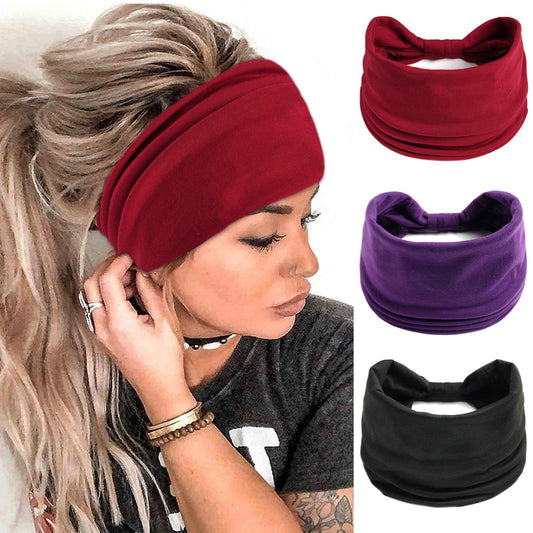 FULZTEY Wide Headbands for Women Solid Knotted Headwraps Turbans Fashion Boho Hairbands Soft Cloth Bandanas Large Neutral Style Workout Yoga Head Bands for Women's Hair Accessories 3Pcs