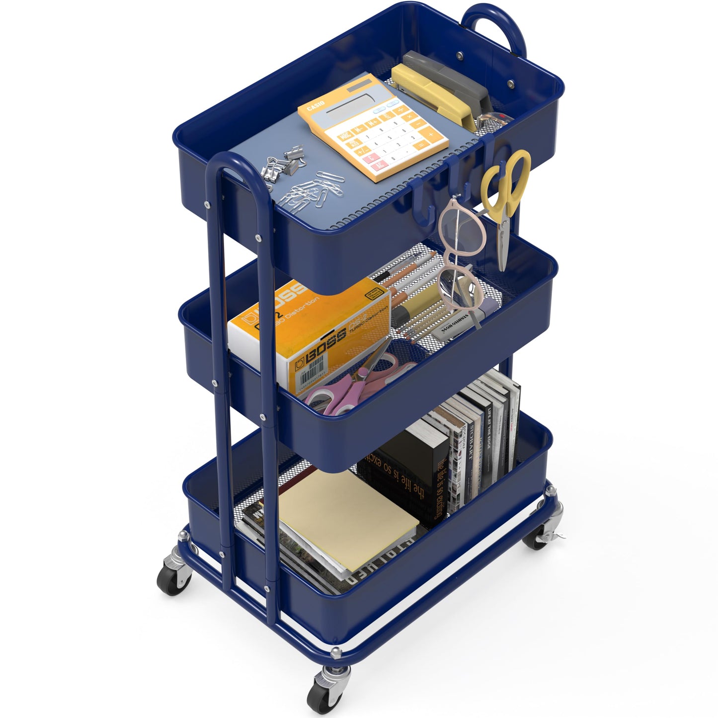 Simple Houseware Heavy Duty 3-Tier Metal Utility Rolling Cart, Navy