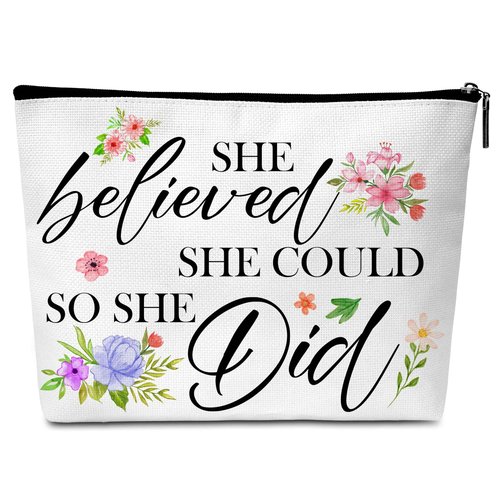 Beshoul Floral Cosmetic Bag, Inspirational Gifts for Women Friends, She Believed She Could So She Did Flower Makeup Bag, Tween Party Favors -A08