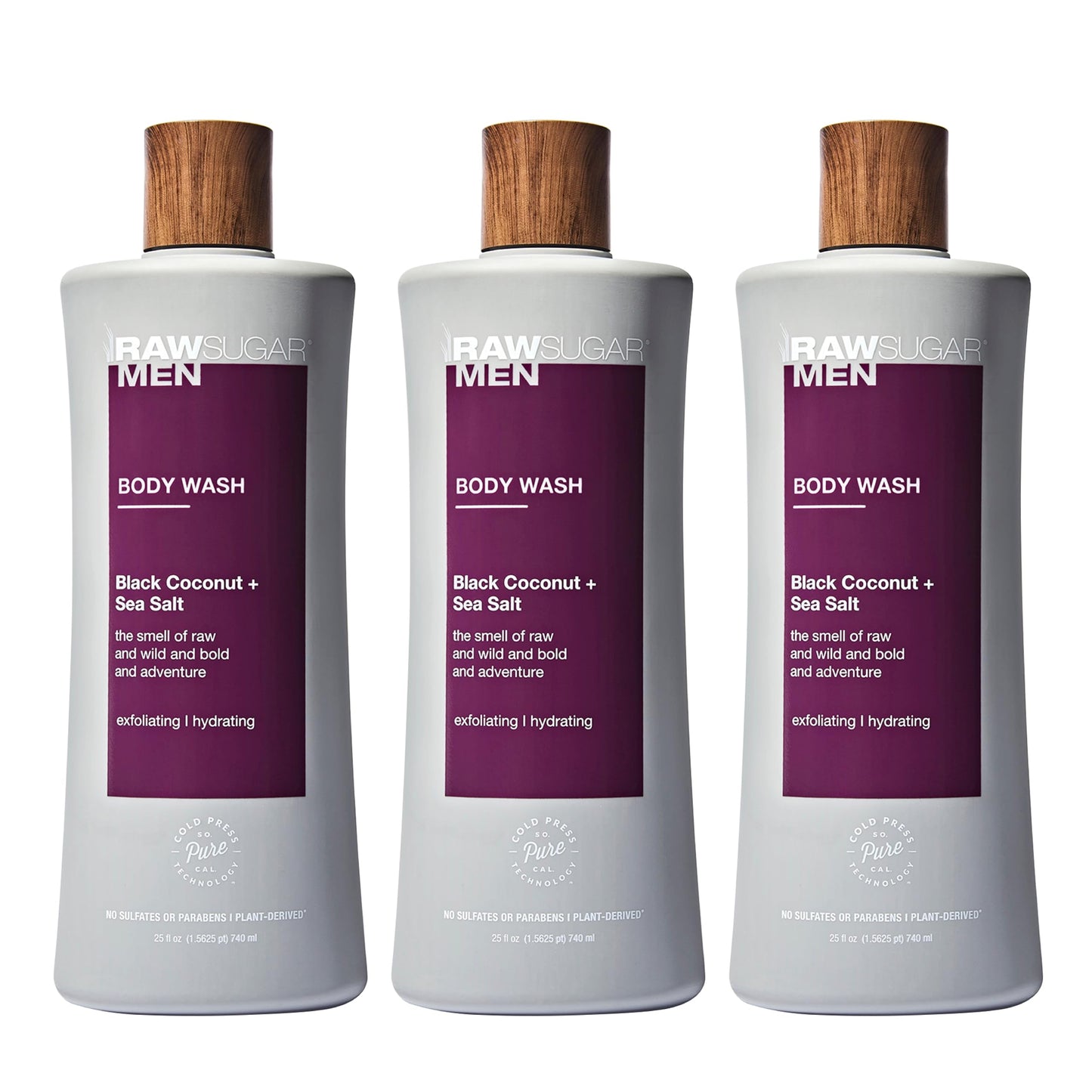 RAW SUGAR 3-Pack Body Wash Men - Black Coconut + Sea Salt Exfoliating and Hydrating Body Wash, Formulated without Parabens, Cruelty Free and Vegan