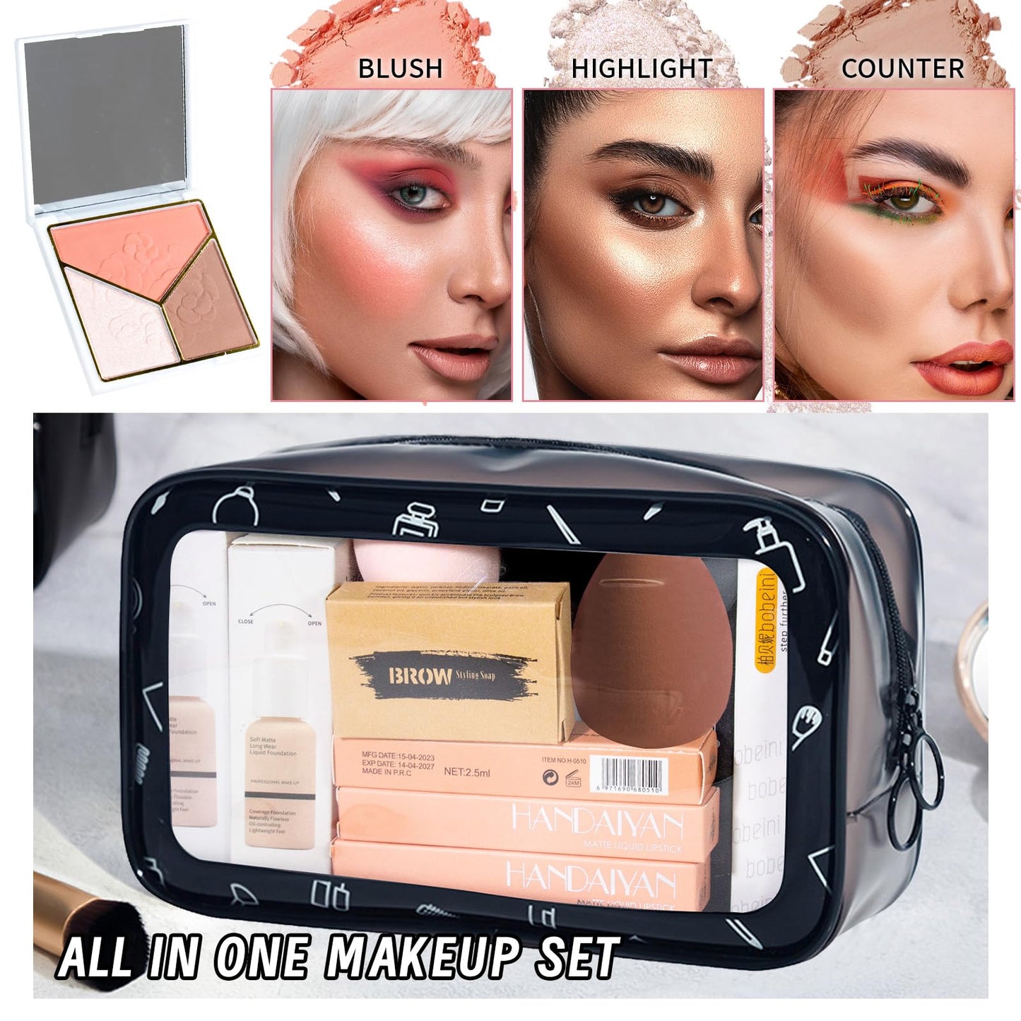 YBUETE All in One Makeup Set Kit for Women Full Kit, Makeup Gift for Women Teen Girl, Naked Eyeshadow Foundation Face Primer Brush 3 in 1 Palette Lip Gloss, Eyebrow Soap Mascara Eyeliner cosmetic bag