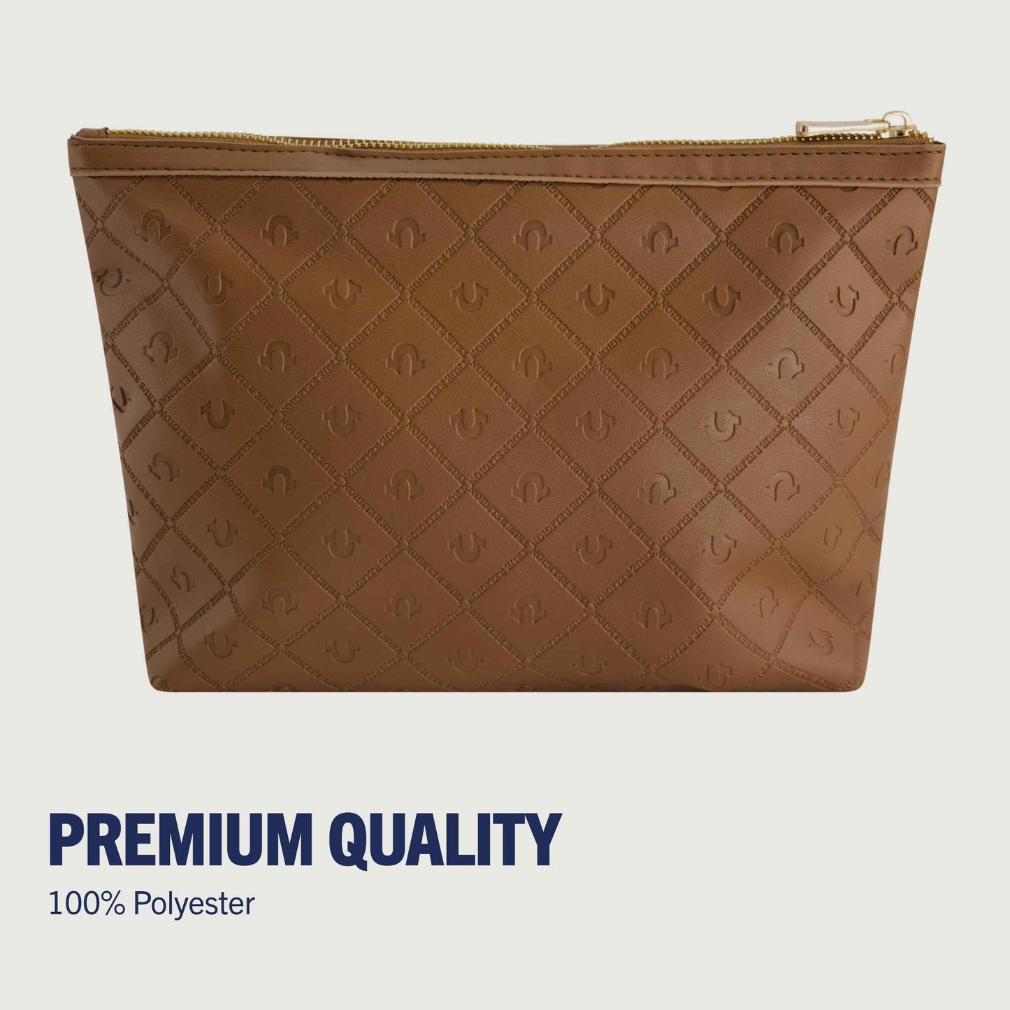 True Religion Women's Makeup Bag, Small Travel Cosmetic Zipper Pouch Organizer, Gold Hardware, Brown