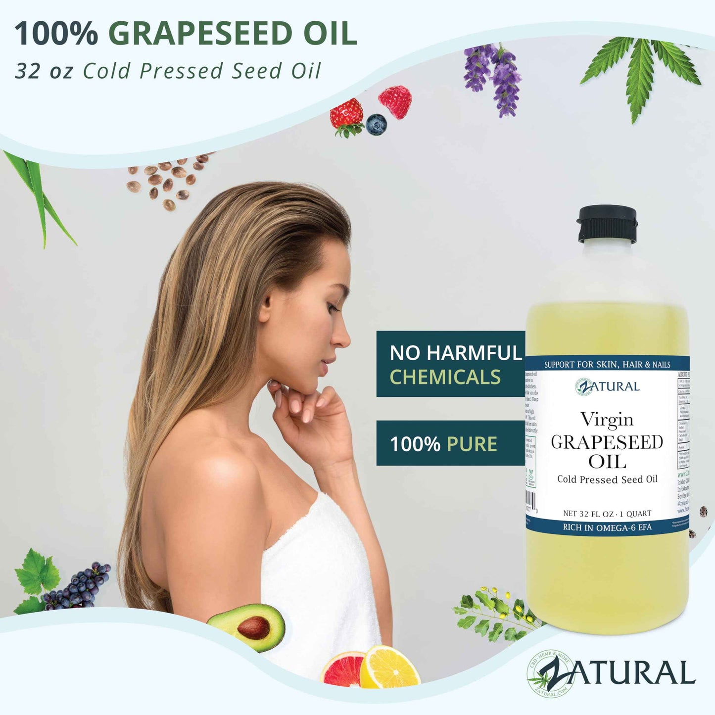 Zatural Grapeseed Oil Naturally Grown 100% Pure Cold Pressed Virgin High Tempurature Cooking Oil (32oz)
