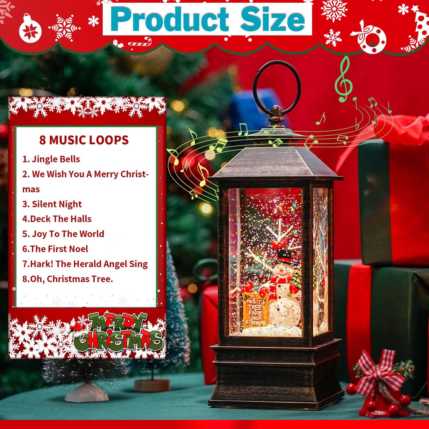 Christmas Snow Globe Lantern Water Glittering Christmas Tree Crown with Music, USB Lined/Battery Operated Lighted Lantern for Christmas Festival Decoration Gifts