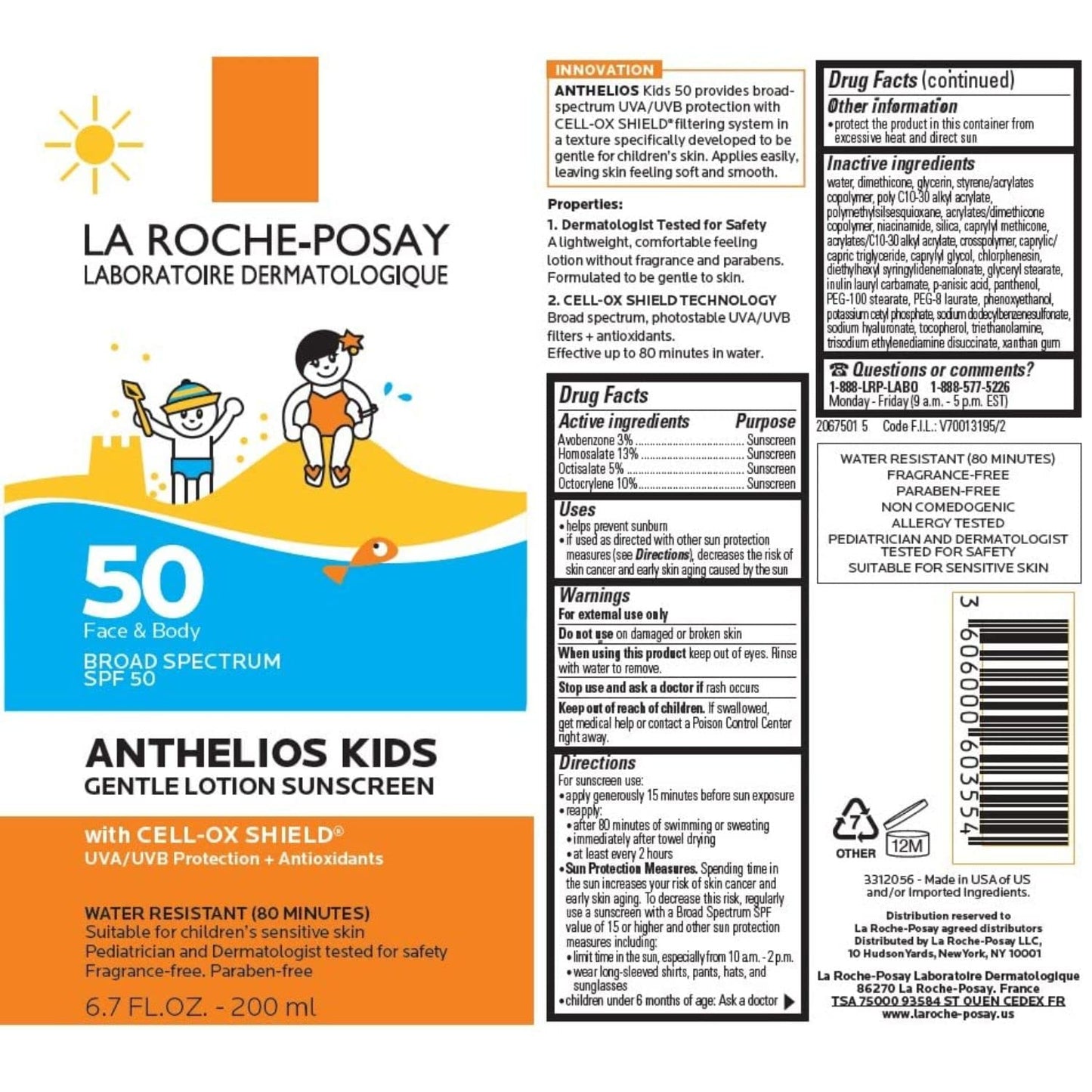 La Roche-Posay Anthelios Kids Gentle Lotion Sunscreen SPF 50 | Broad Spectrum SPF + Antioxidants | Sunscreen For Kids | Octinoxate & Oxybenzone-Free | Pediatrician Tested | Non Comedogenic | Oil Free