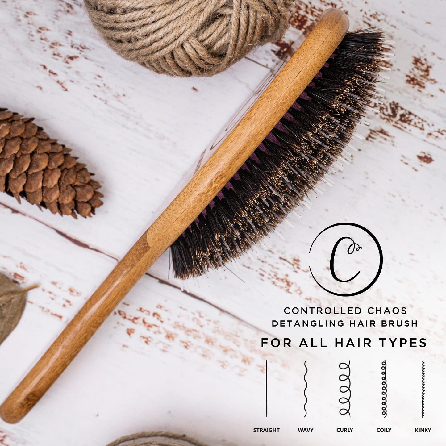 Controlled Chaos Boar Bristle Hair Brush–Wooden Bamboo Hair Brush for Women & Men, Detangling Brush for Any Hair Type-Eco Friendly Curly Hair Brush