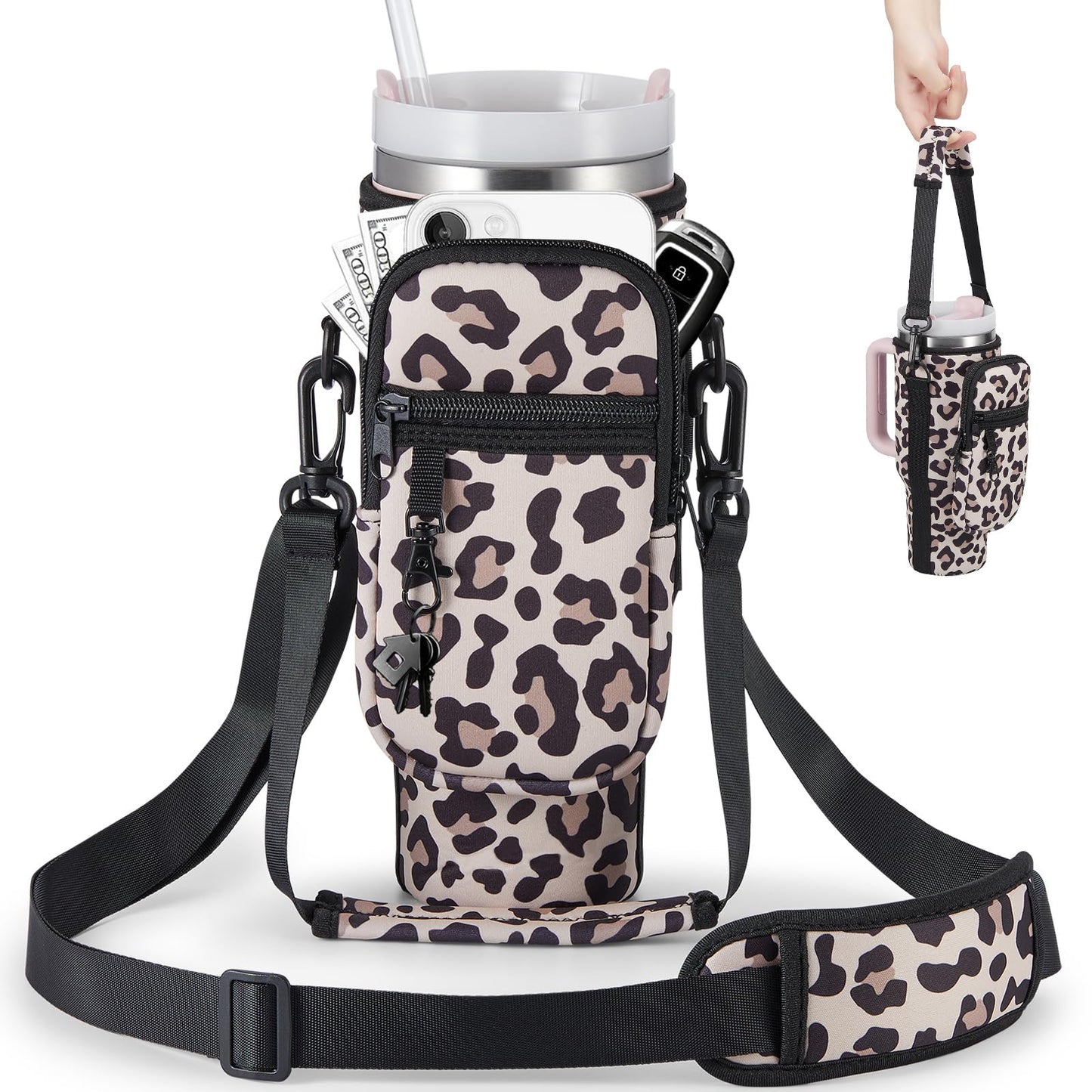 BULKITEM Water Bottle Carrier Bag with Phone Pocket for Leopard Stanley 40 oz Tumbler with Handle, Leopard Insulated Neoprene Cup Holder Pouch Strap for Stanley Cup Accessories