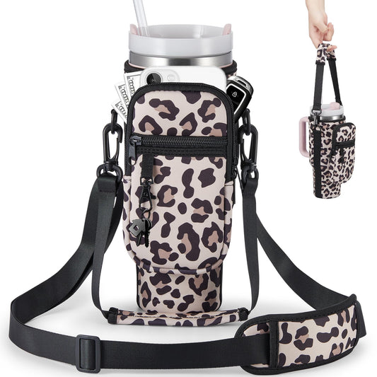 BULKITEM Water Bottle Carrier Bag with Phone Pocket for Leopard Stanley 40 oz Tumbler with Handle, Leopard Insulated Neoprene Cup Holder Pouch Strap for Stanley Cup Accessories