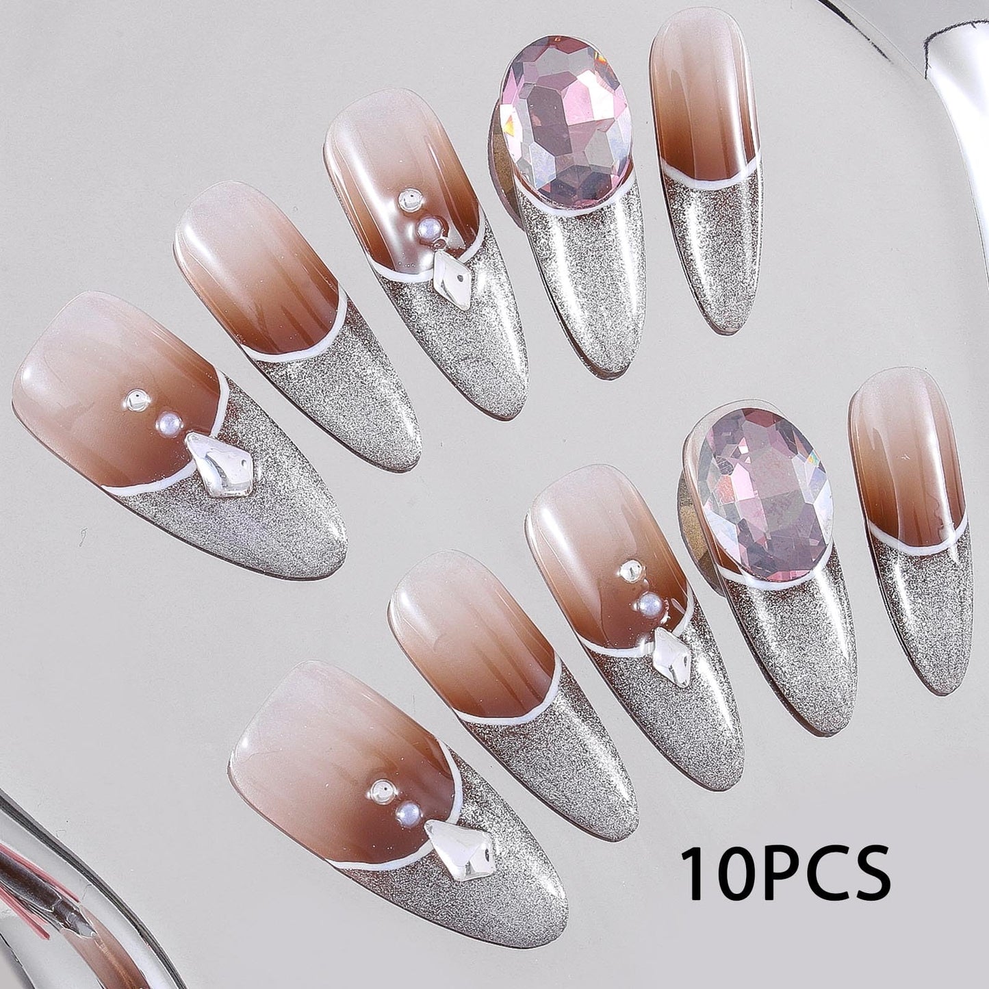 Sethexy French Handmade Press On Nails Long Stiletto Glitter False Nails Acrylic Glossy Fake Nails with Design Salon Nail for Women and Girls 10PCS (Brown1)