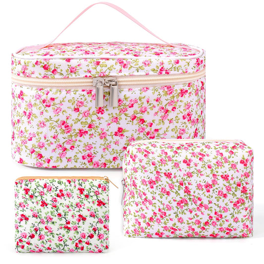 BUSOHA 3PCS Cotton Quilted Makeup Bag Set, Pink Floral Makeup Bag, Cute Makeup Bag, Coquette Makeup Bag, Cosmetic Bags for Women Girls