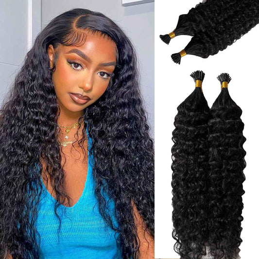 Curly I Tip Hair Extensions Human Hair Water Wave Cold Fusion Itip Flawless Microlinks Hair Extensions Invisible Blends Naturally Individual Strands for Black Women 50G 20Inch Black