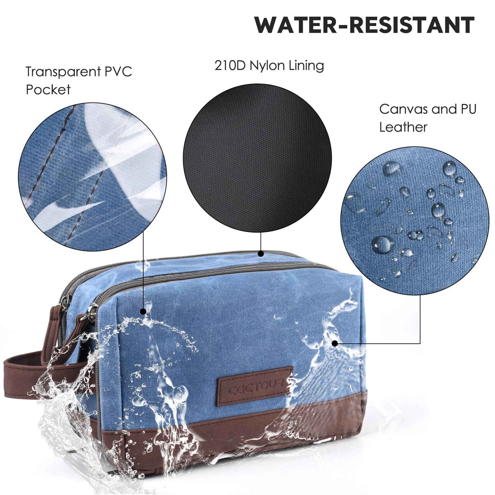 CaCTOUR Toiletry Bag for Men,Large Toiletry Travel Bag,Leather and Canvas Toiletries Bag Dopp Kit Men,Water-resistant Hygiene Bag Shaving Bag for Travel Toiletries Accessories (Blue)