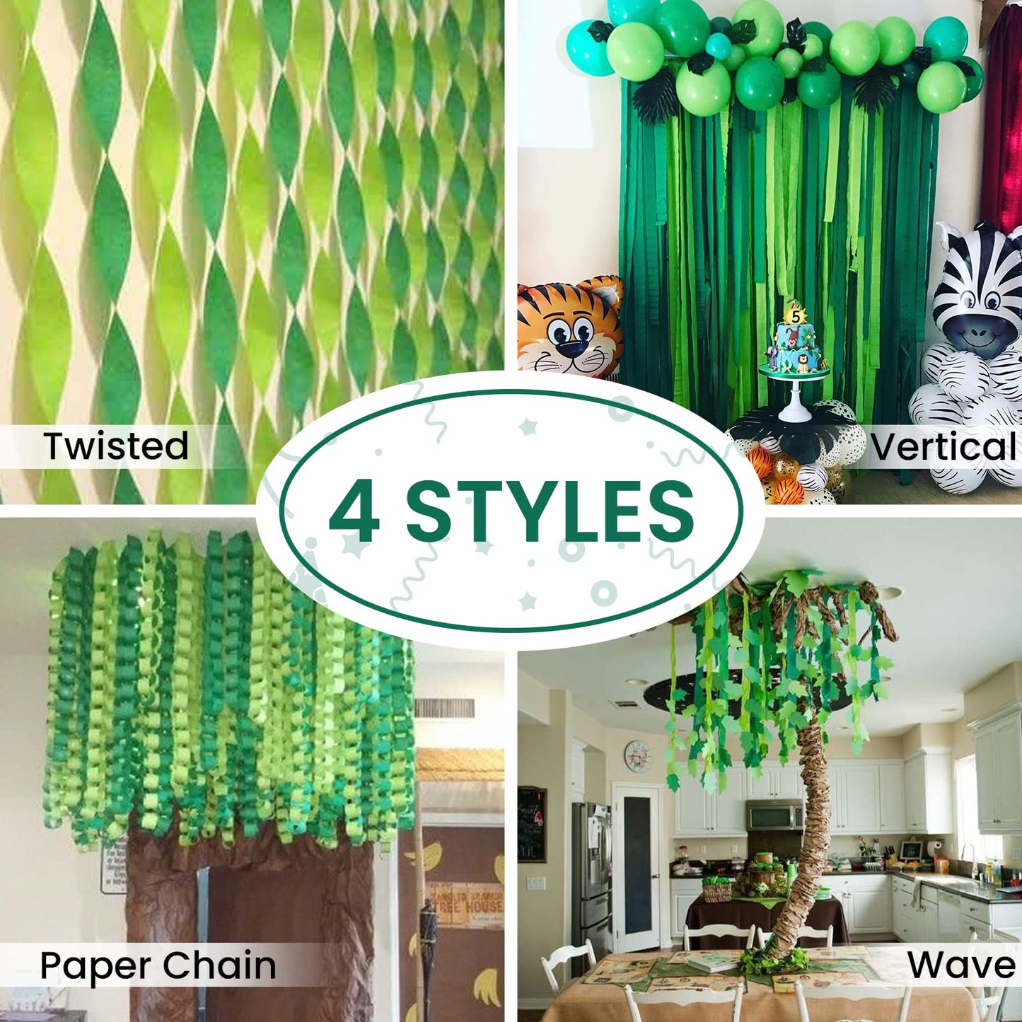 PartyWoo Crepe Paper Streamers 6 Rolls 492ft, Pack of Lime Green, Dark Green, Mint Green, Gold Party Streamers for Birthday Decorations, Party Decorations, Wedding Decorations (1.8 Inch x 82 Ft/Roll)