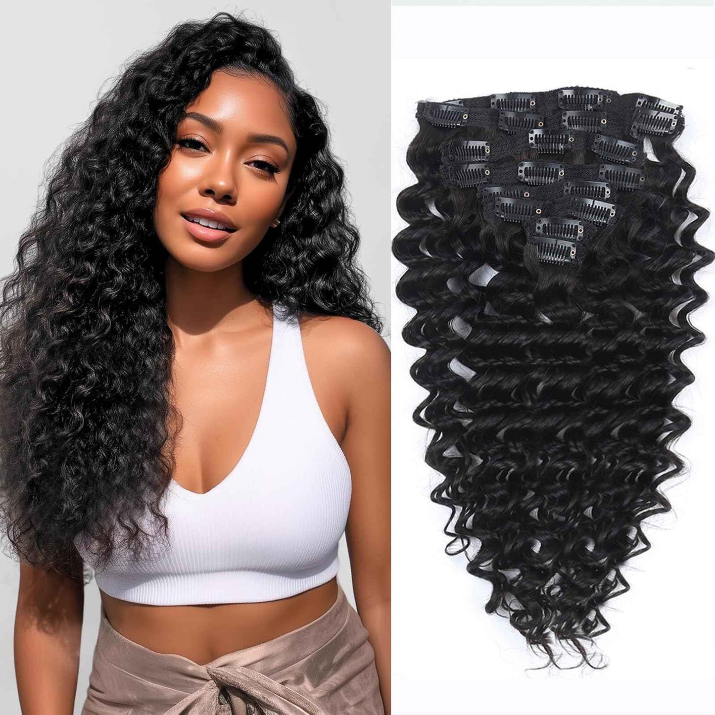 Curly Clip in Hair Extensions Real Human Hair 16inch 100g Invisible & Seamless 100% Brazilian Remy Human Extension Deep Wave Clip ins Extensions Double Weft 8 PCS with 20 Clips Natural Black