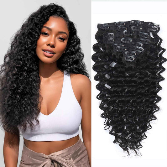 Curly Clip in Hair Extensions Real Human Hair 16inch 100g Invisible & Seamless 100% Brazilian Remy Human Extension Deep Wave Clip ins Extensions Double Weft 8 PCS with 20 Clips Natural Black