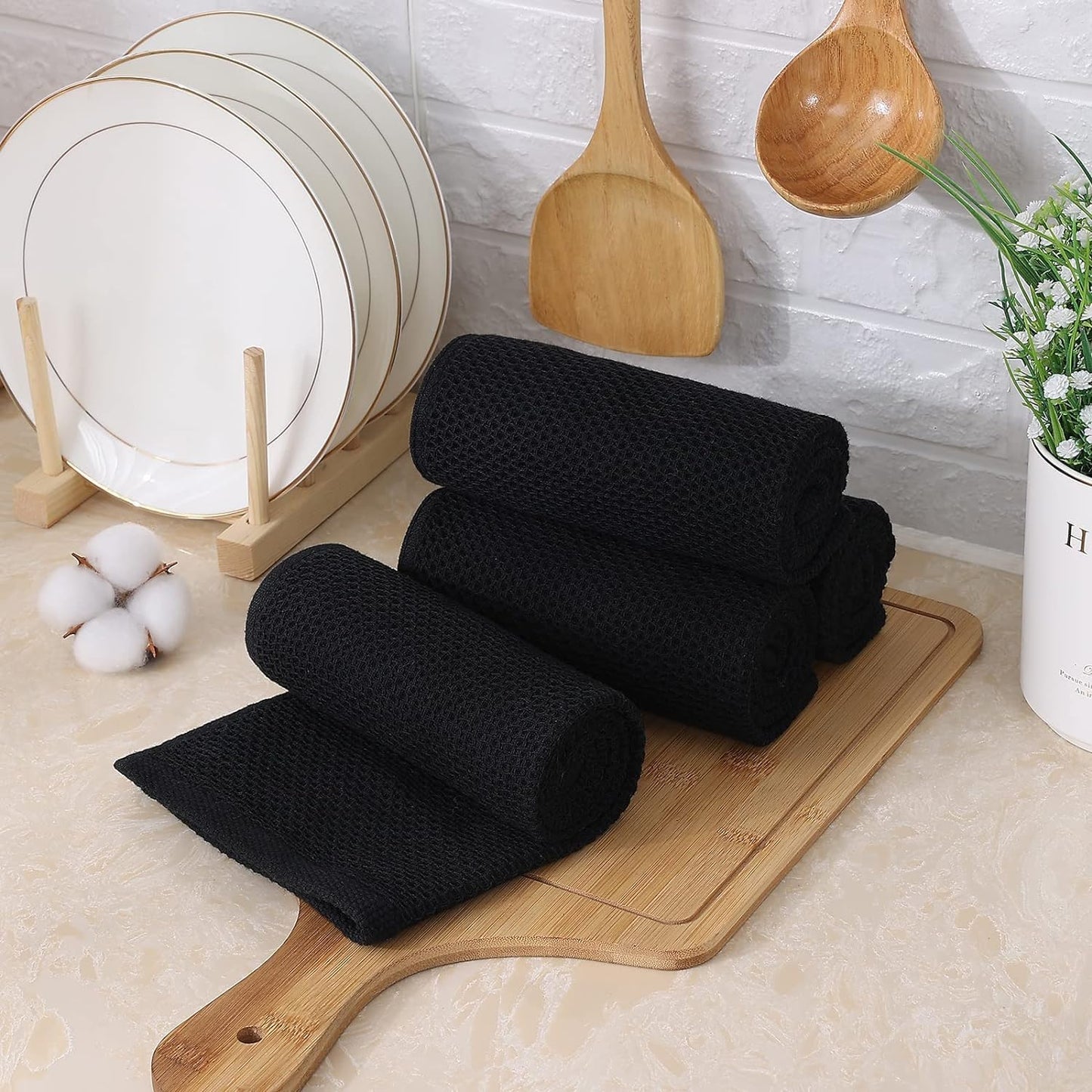 Kitinjoy 100% Cotton Kitchen Towels and Dishcloths Set, 8 Pack Waffle Weave Dish Towels Ultra Soft Absorbent Quick Drying Dish Rags, 13 x 28 Inch and 12 X 12 Inch, Black