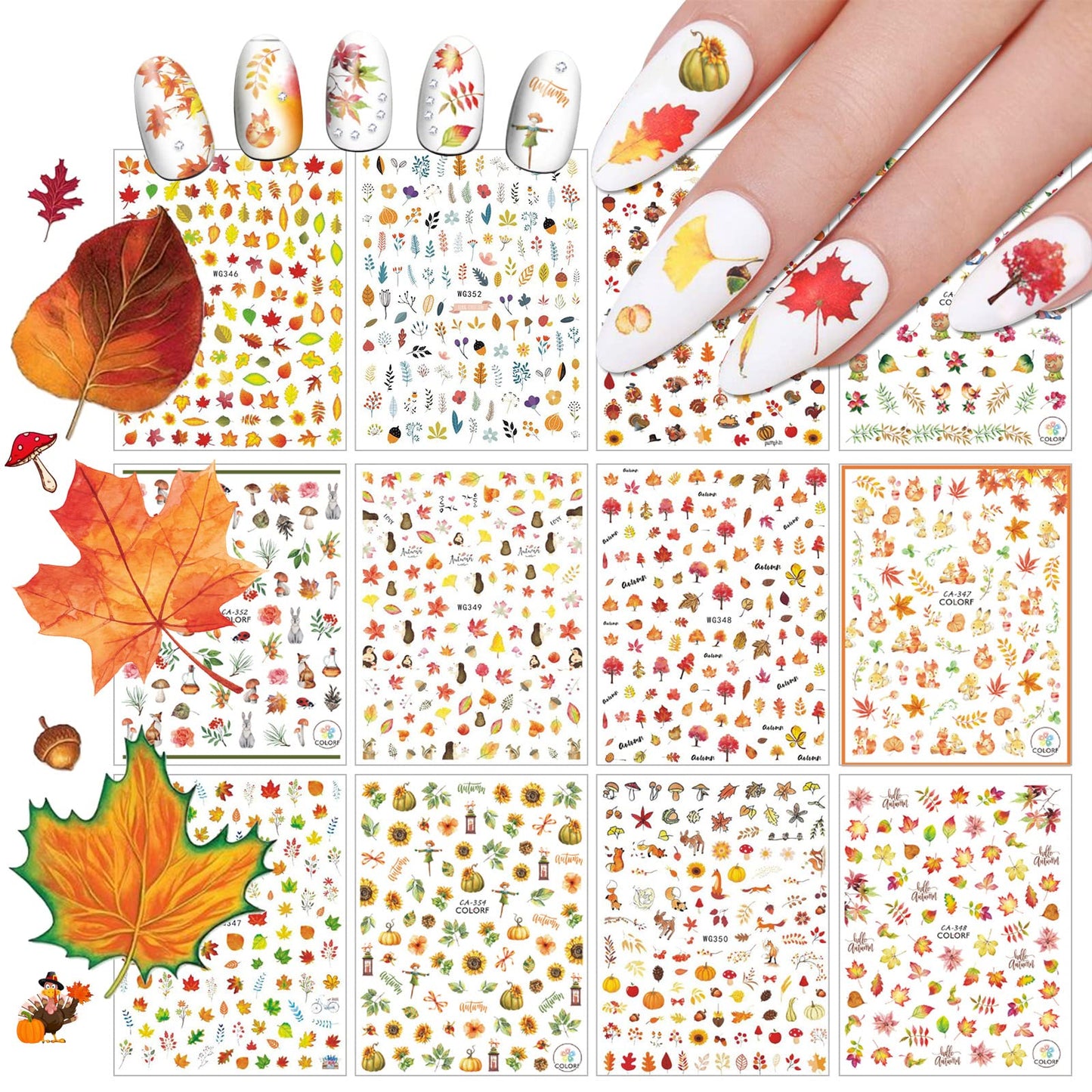 12 Sheets Fall Nail Art Sticker Decals, EBANKU Self Adhesive Maple Leaf Nail Stickers Autumn Thanksgiving Carton Animal Sticker for Women Girls Nail Decorations Nail Designs