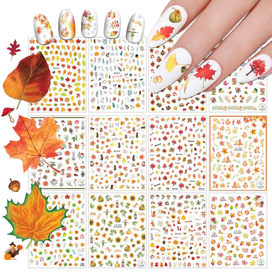 12 Sheets Fall Nail Art Sticker Decals, EBANKU Self Adhesive Maple Leaf Nail Stickers Autumn Thanksgiving Carton Animal Sticker for Women Girls Nail Decorations Nail Designs