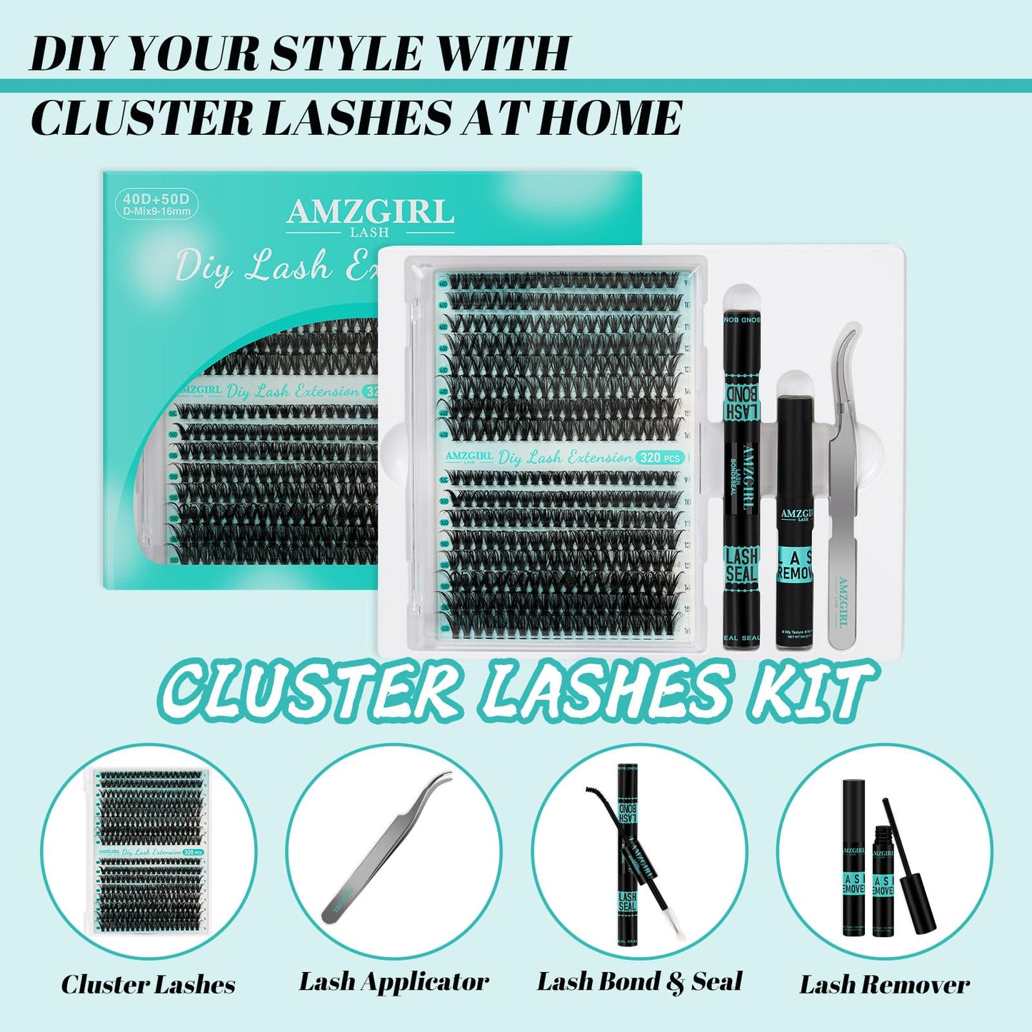 Lash Extension Kit 320Pcs,DIY Individual Lashes Clusters Kit,Lash Bond And Seal,Lash Remover For Eyelashes Extensions,Lash Applicator Tool For False Eyelash Cluster Kit At Home(40D50D,D-Mix9-16mmKit)