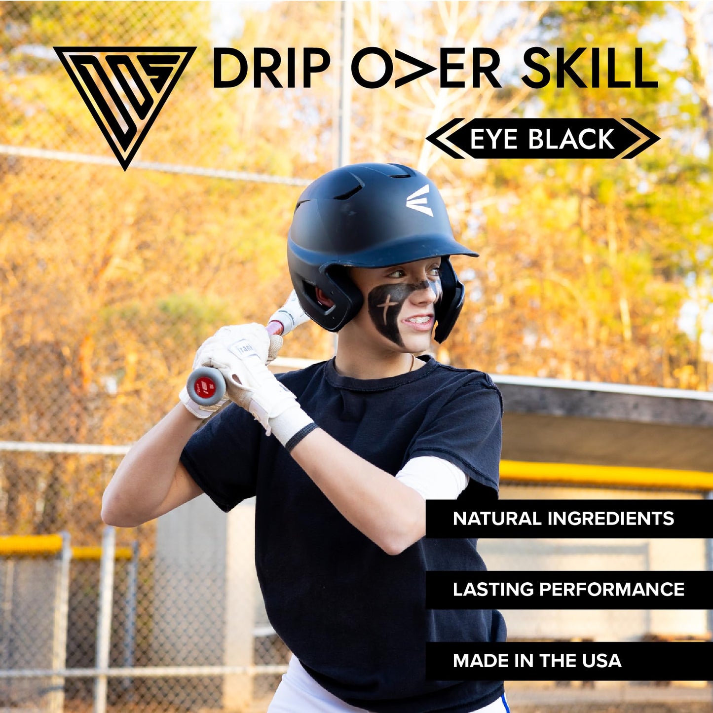 Drip Over Skill Eye Black Stick, Made in the USA with Natural Ingredients, Skin Safe Eyeblack, Gear for Lacrosse, Football, Softball, Sports Eye Black Baseball Drip, 2 Pack w/ 1 Keychain Sleeve