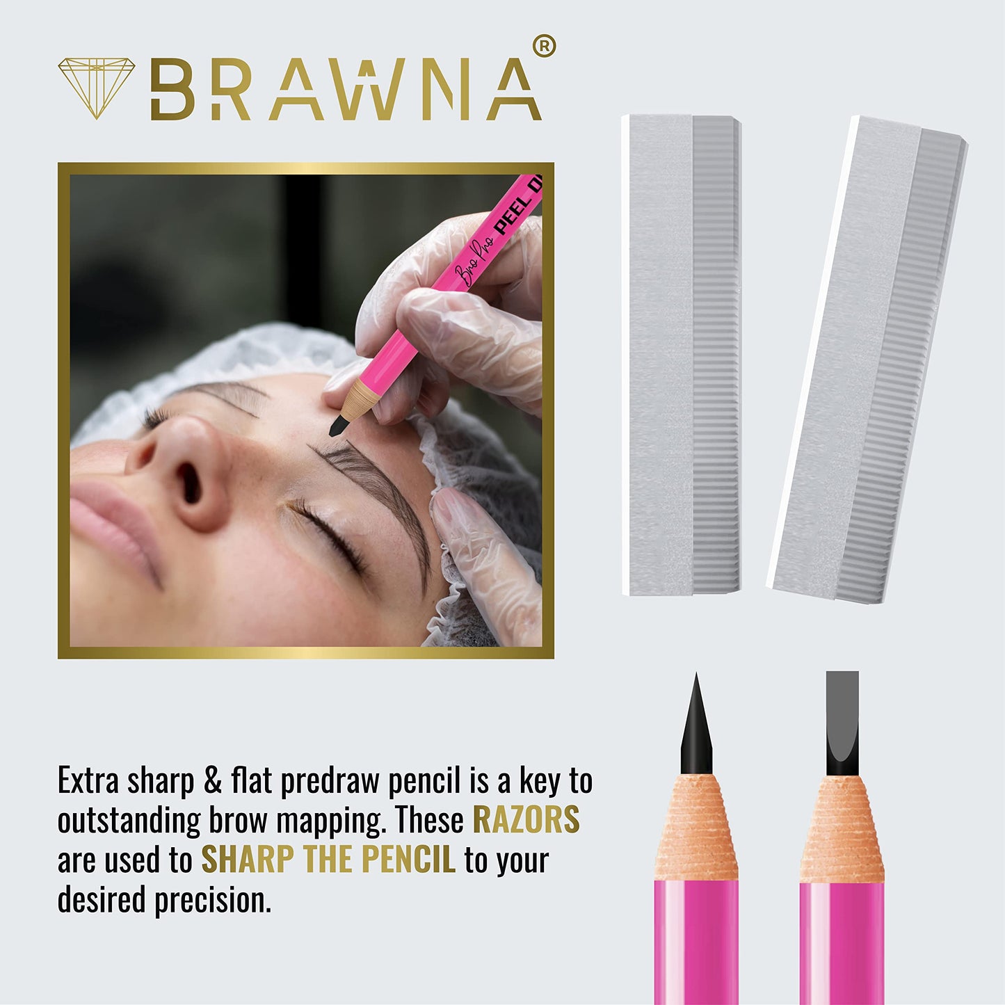 BRAWNA PMU Supplies 50 Pcs Eyebrow Razor Blades - Microblading Pencil Sharpener - Stainless Steel Single Edge Razor Blades - Duckbill - Shape Pencil Sharpening Tool for Waterproof Peel Off Pencils