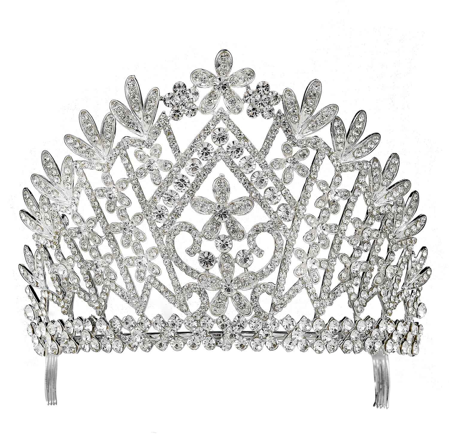 Janefashions Daisy Clear Austrian Crystal Rhinestone Tiara Crown With Hair Combs Wedding Bridal Prom Birthday Party Beauty Contest Pageant T1861 (Silver Plated With Combs)