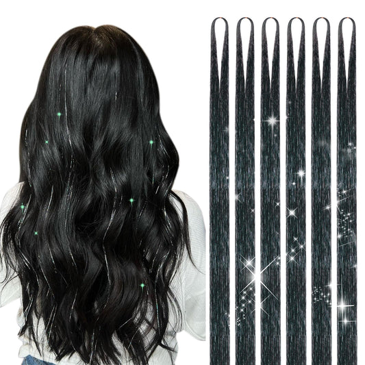 DOORES Black Tinsel Hair Extensions, 6 Pcs 48 Inch 1200 Strands Stylable Tinsel Wigs For Women Girls Christmas New Year Halloween Cosplay Party Fairy Hair Tinsel Hair Glitter For Kids