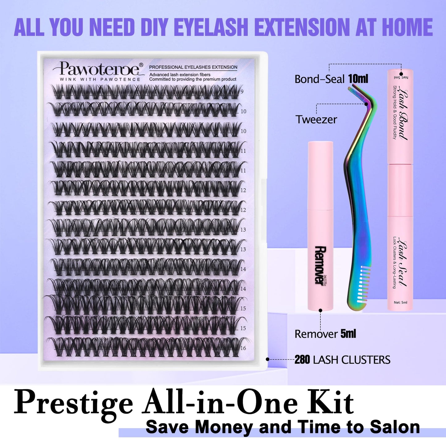 Pawotence Lash Extension Kit DIY 280pcs Individual Lash Clusters Kit 9-16mm 40D Cluster Eyelash Extension Kit with Lash Bond and Seal, Lash Remover, Lash Tweezers for Self Use (40D, 9-16mm, All Kit)