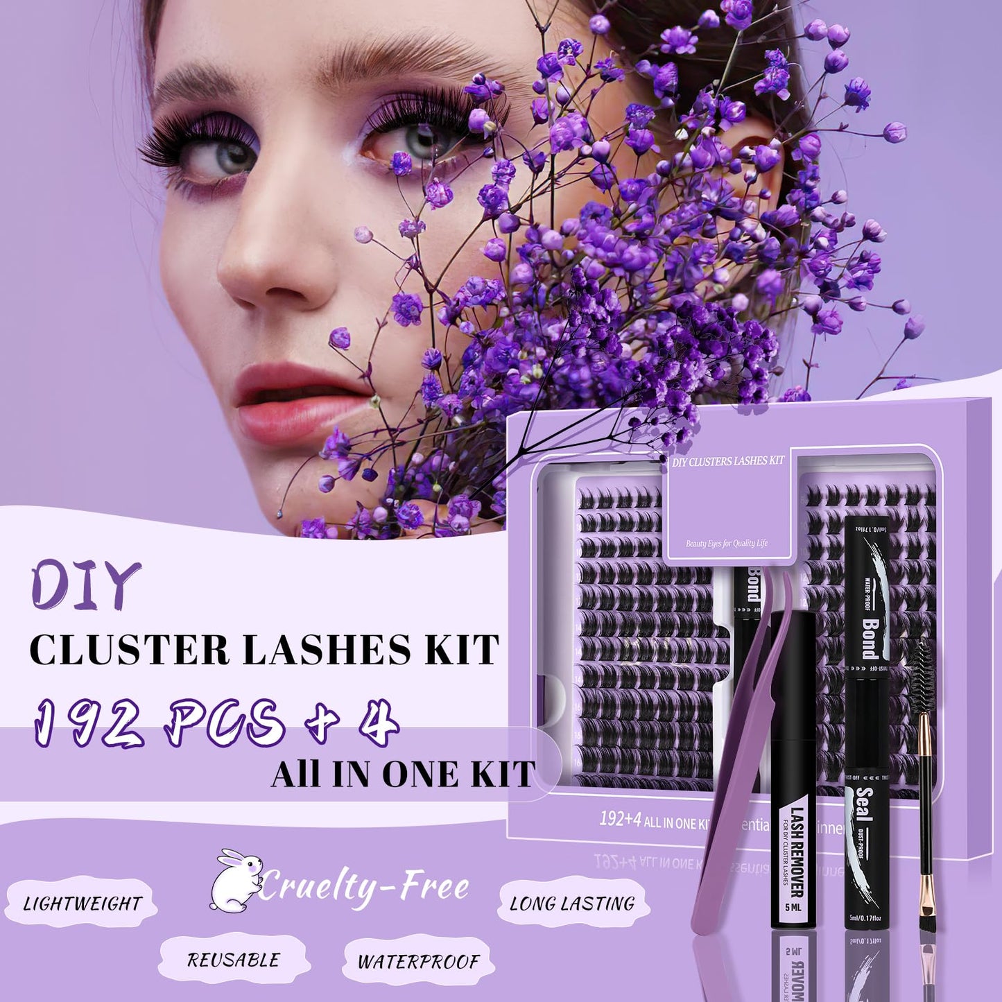 DIY Lash Extension Kit Cluster Lashes 192 PCS Individual Lash Clusters DIY Extension Kit Clusters Volume False Lashes Wispy with Lash Glue and Remover Applications (B52+B53Kit,8-18MIX)