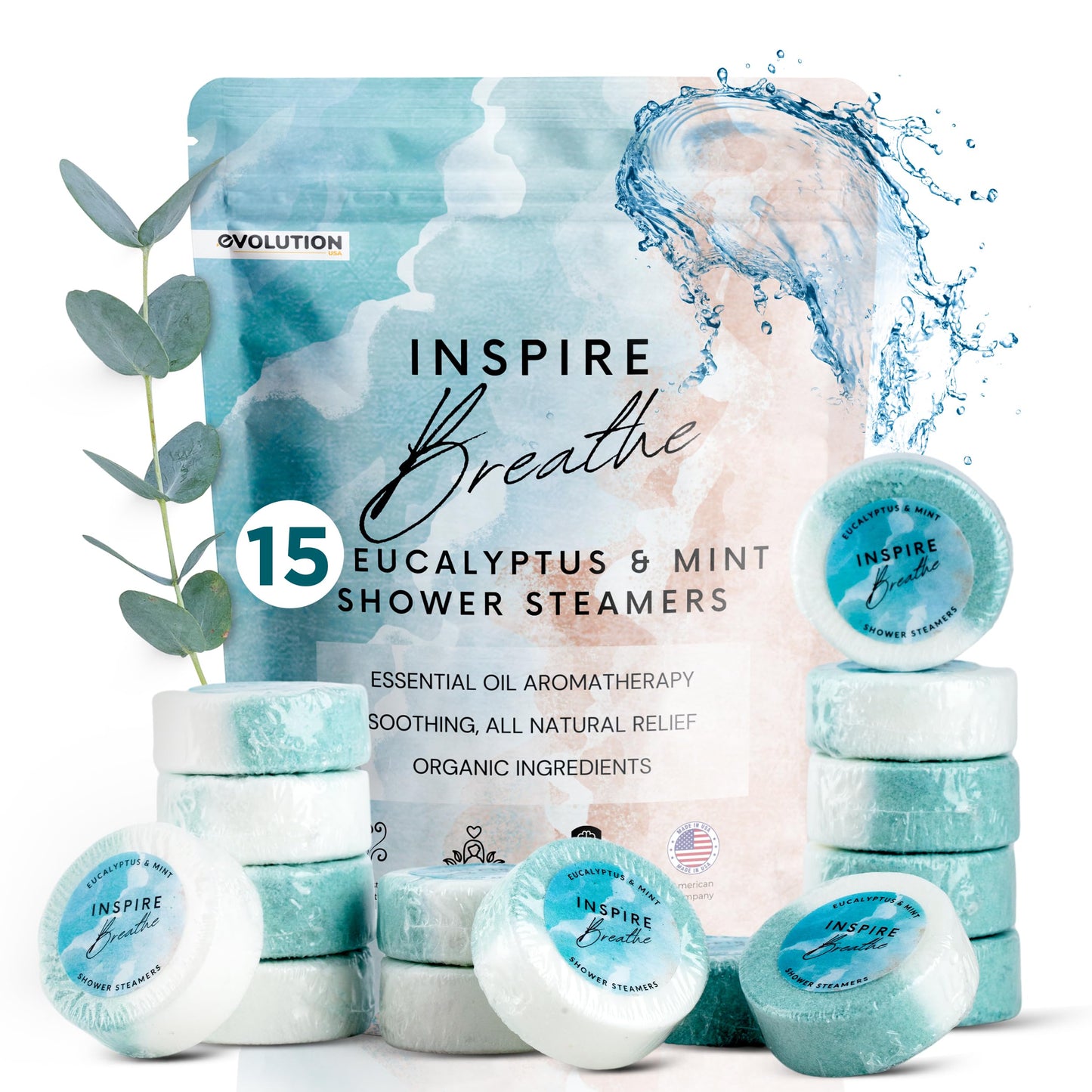 15 Inspire Breathe Shower Steamers for Sinus Relief, Eucalyptus & Mint Shower Tablets Aromatherapy, Women Shower Steamers Breathe Easy, Organic Shower Steamers for Women, Shower Tabs for Sinus Relief