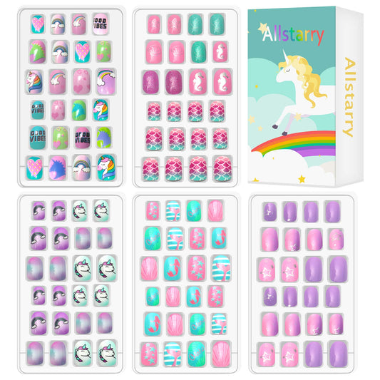 Allstarry 120pcs 5 pack Children Nails Press on Pre-glue Full Cover Glitter Gradient Color Rainbow Short False Nail Kits Lovely Gift for Children Little Girls Nail Art Decoration -Mermaid & Unicorn