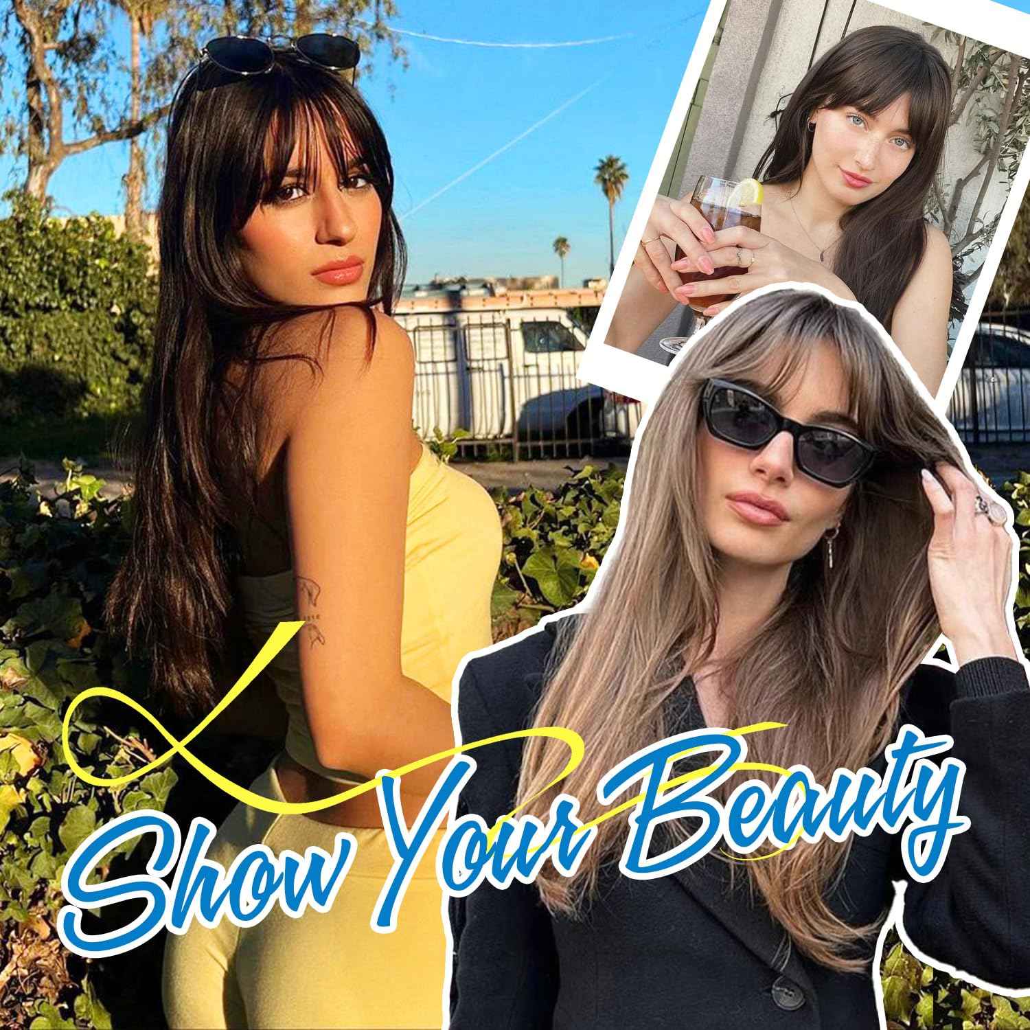 PANEWAY Hair Topper With Bangs Straight 18inch Toppers 6.5“ ×6.5” Base Premium Synthetic Hair Pieces For Women-Light Brown with Dark Root