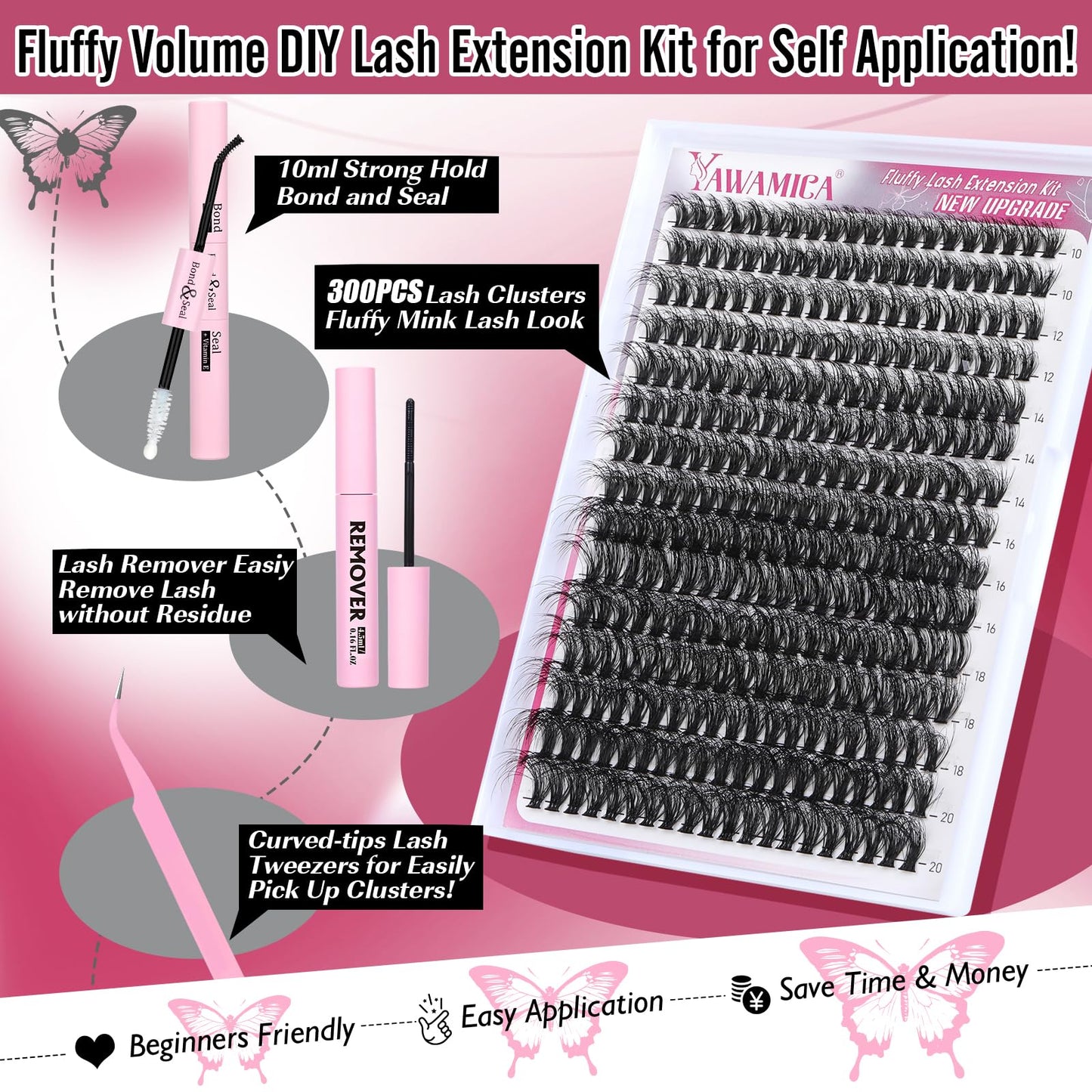 Fluffy Volume Eyelash Extension Kit Mink Lash Clusters 300pcs Individual Lashes Kit 50D Volume 10-20mm Lash Extension Kit with Bond and Seal and Lash Remover and Lash Tools DIY Lash Kit by Yawamica