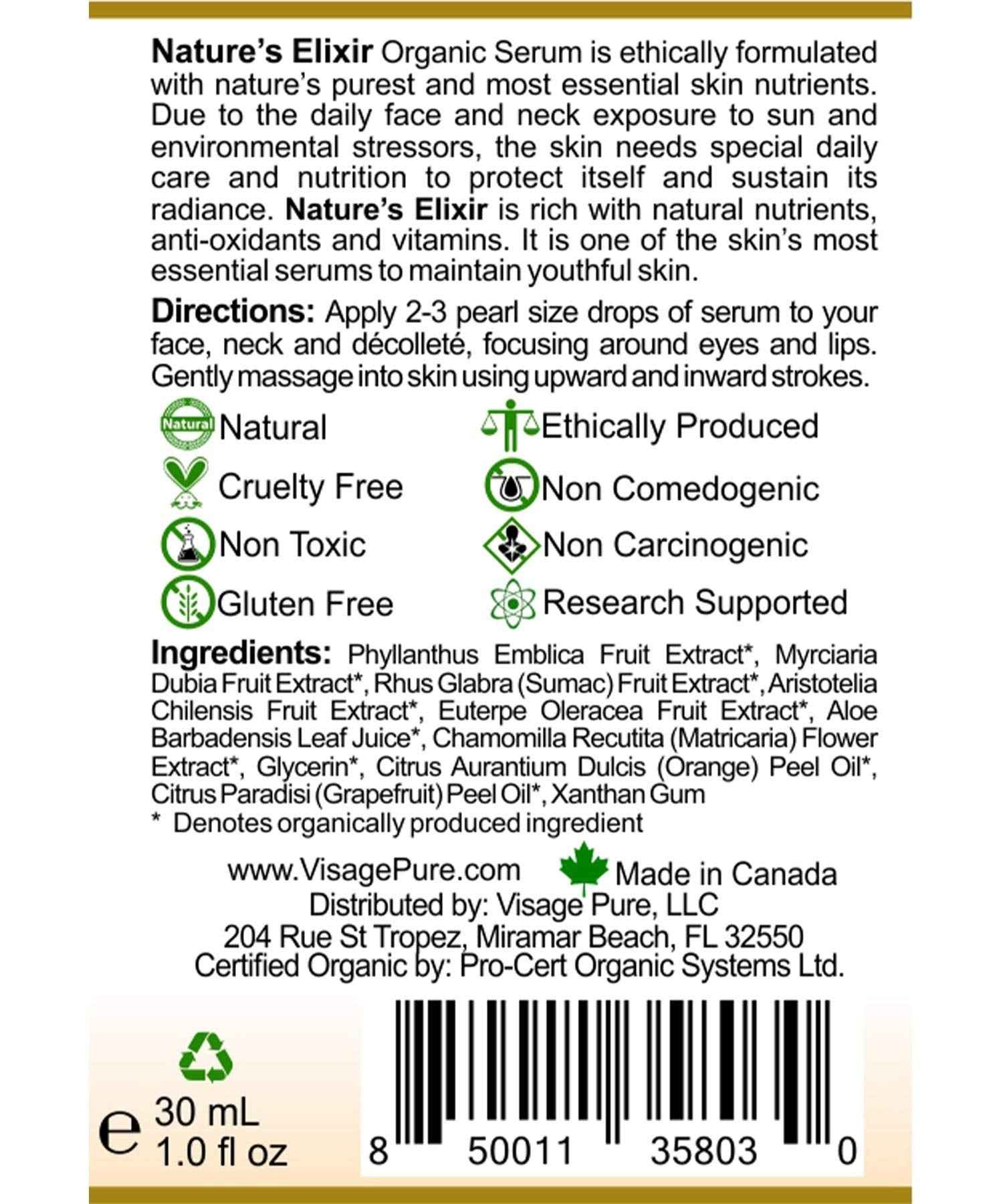 Visage Pure Nature's Elixir - Skin Revitalizing and Nourishing Face Serum - USDA Organic - Physician Formulated - Research Supported