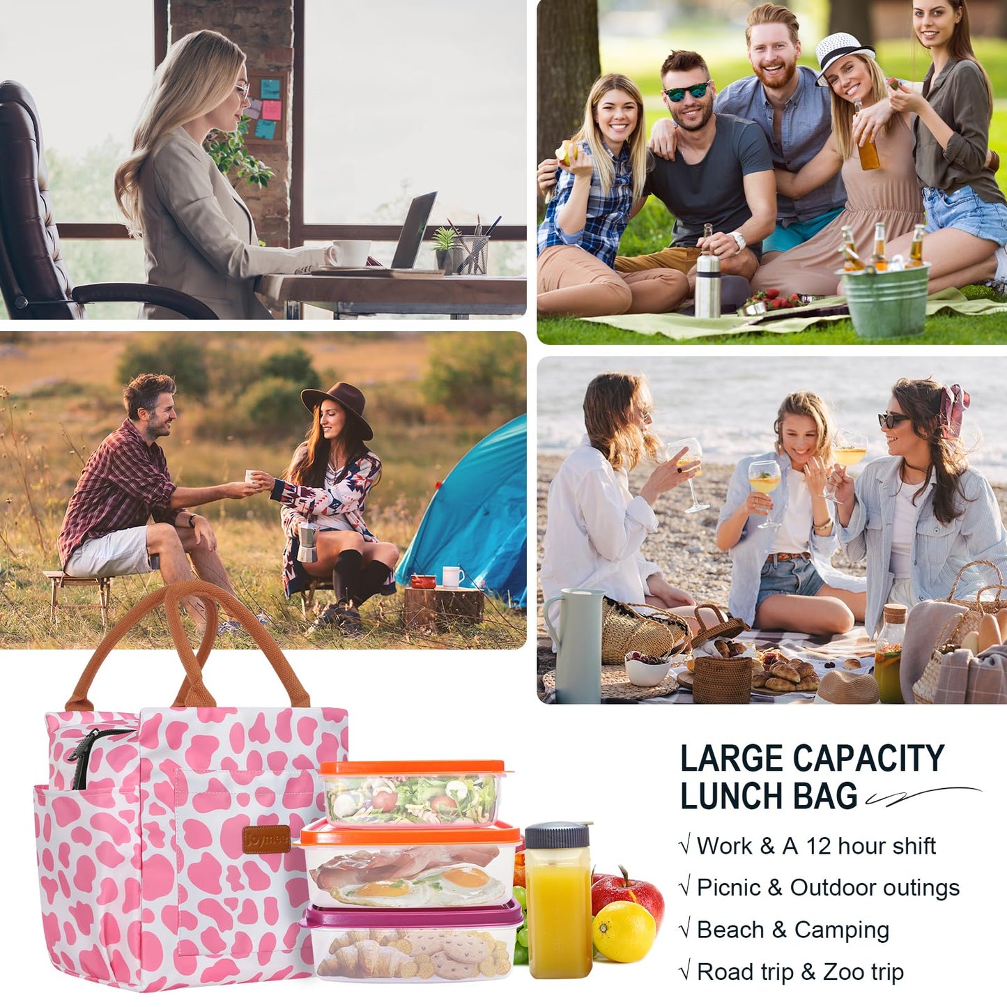 Joymee Lunch Bag Women Insulated Lunch Box Reusable Leakproof Large Spacious Cooler Tote for Womens Mens Adults with Bottle Holder and Side Pockets for Work Office Travel Picnic - Pink Cow