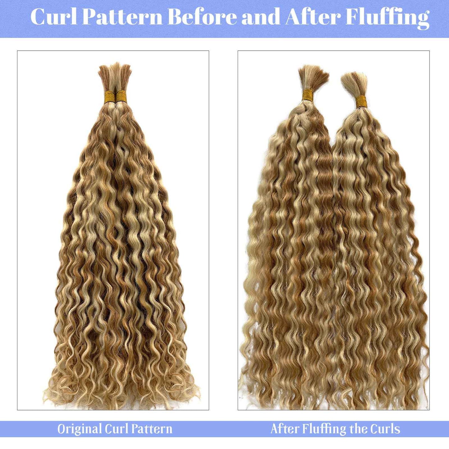 Highlight Human Braiding Hair for Boho Braids, 27/613 Curly Boho Human Hair for Braiding Highlights Blonde Deep Water Wave Bulk Human Hair Color 27 and 613 Bohemian Knotless Braids Two Bundles