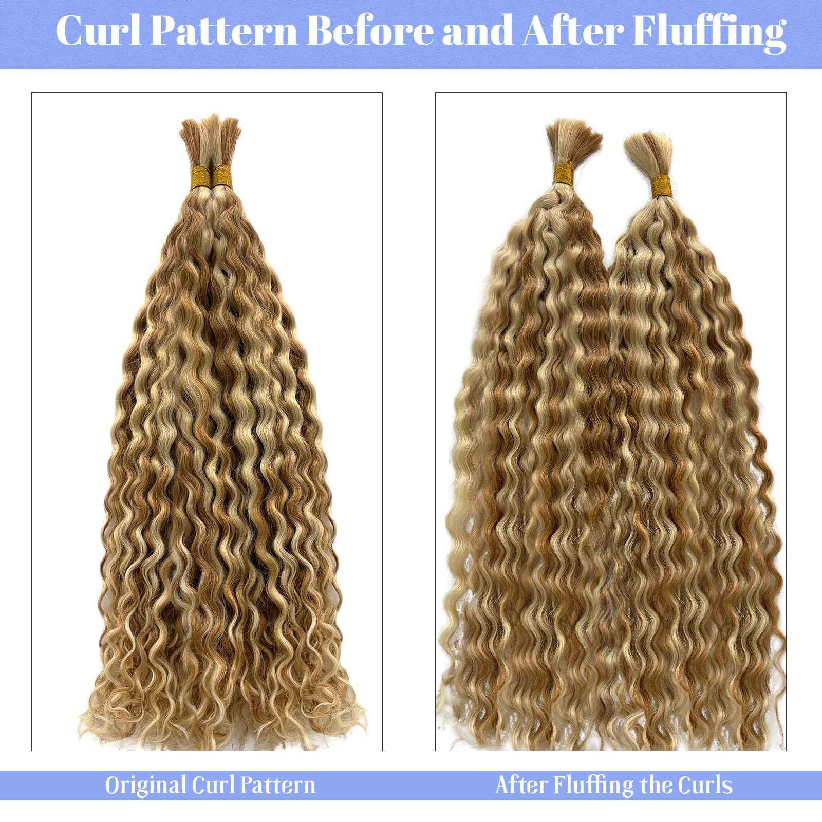 Highlight Human Braiding Hair for Boho Braids, 27/613 Curly Boho Human Hair for Braiding Highlights Blonde Deep Water Wave Bulk Human Hair Color 27 and 613 Bohemian Knotless Braids Two Bundles