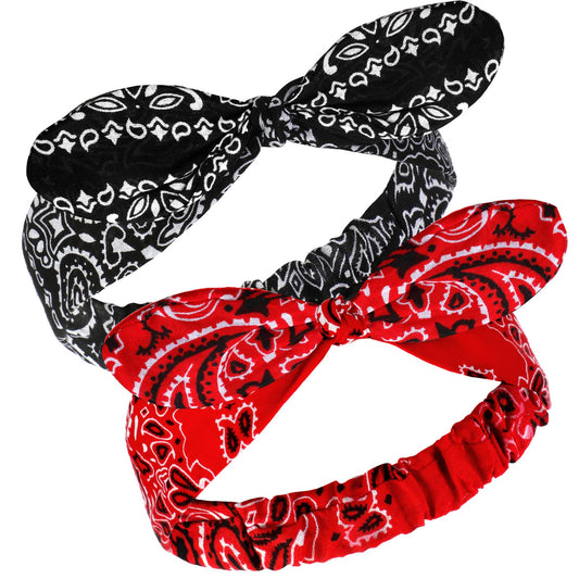 2 Pieces Bandana Headband for Women, Knot Retro Print Headbands Paisley Print Headband Headwrap Adjustable Headwrap(Red, Black)