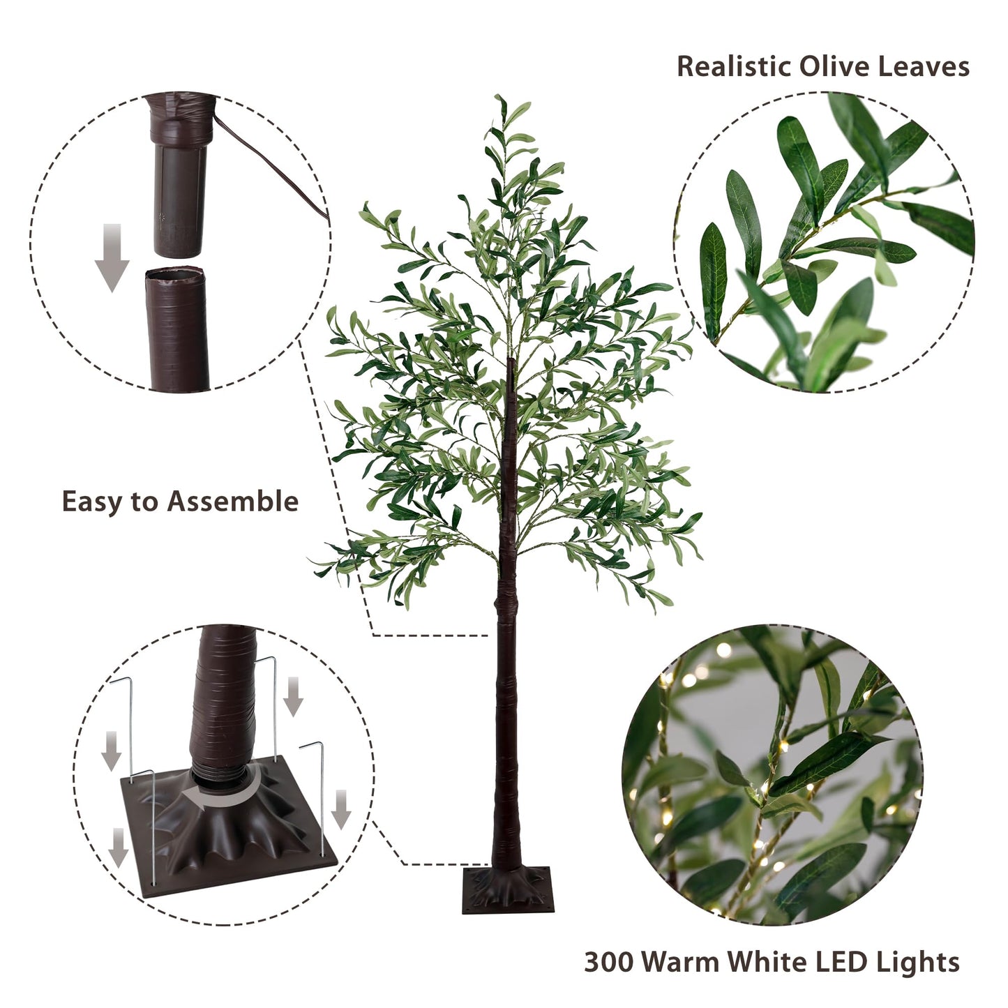 KOL 6FT Artificial Olive Tree with 300 Warm White LED Lights, Indoor Outdoor, Waterproof, 8 Flash Modes, 4 Brightness Adjustments, Timing Function, Easy Assembly, Satisfied Service