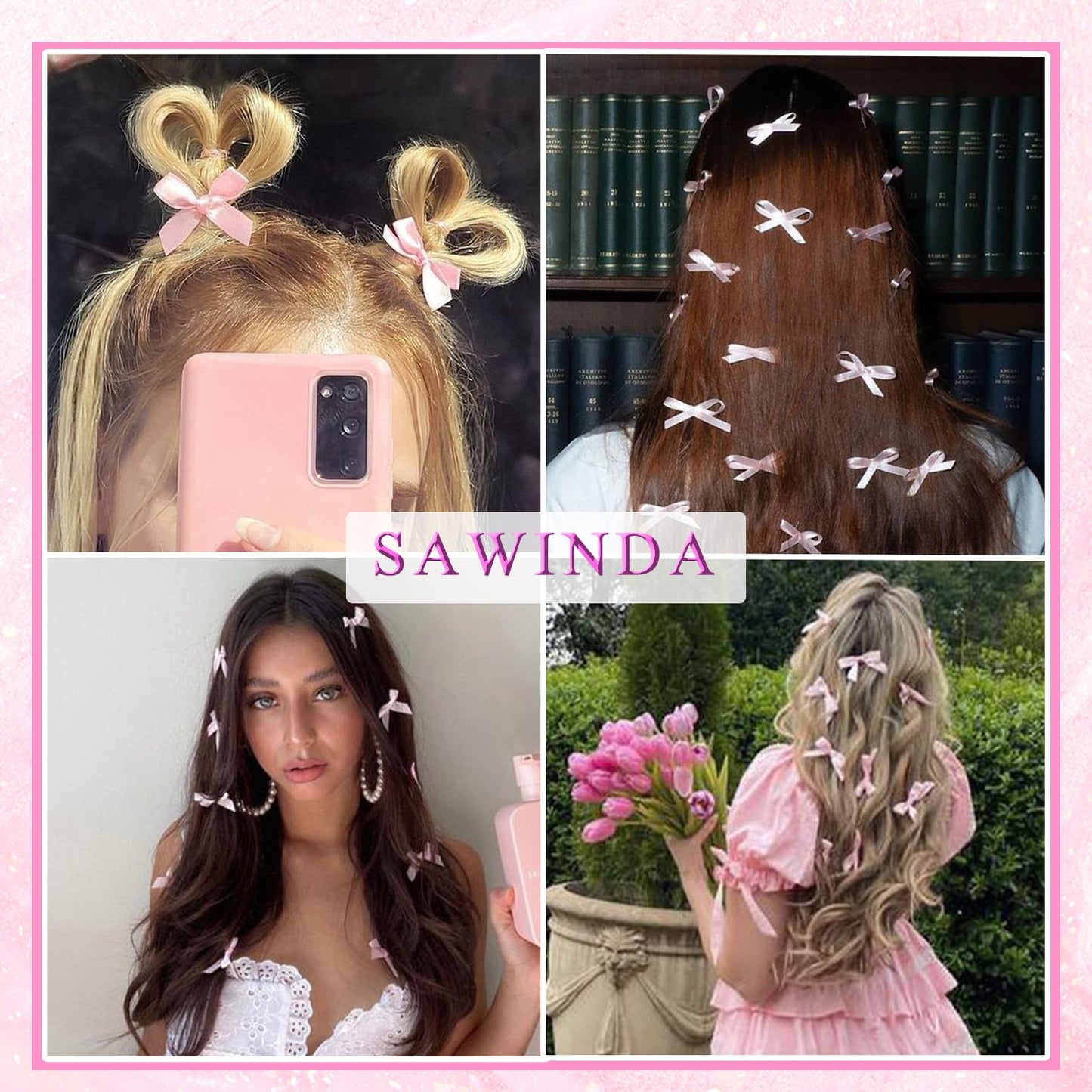 SAWINDA 20PCS Pink Mini Bowknot Ribbon Barrettes - Cute Claw Clips for Teens, Women & Girls' Hair Accessories